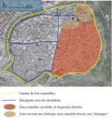 L'image montre une carte d'une zone urbaine, divisée en différentes sections. - La zone rouge, numérotée, semble indiquer une région interdite, visiblement séparée des autres secteurs. - Les limites de la zone sont marquées par des murs, délimités par une ligne bleue. - Les principaux axes de circulation sont représentés par une ligne jaune. - Les zones sont également notées avec des numéros, notamment les zones qui sont accessibles aux habitants, mais qui sont interdites d'accès aux "étrangers". L'échelle de la carte est indiquée, montrant une distance de 400 mètres.