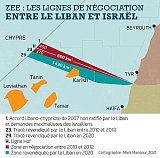 Avec l'aimable autorisation de © L'Orient-Le Jour. Cette carte figure dans l'article “Frontière maritime : Aoun donne ses directives à la délégation libanaise”.