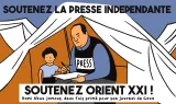 Un journaliste écrit, accompagné d'un enfant, sous une tente. Slogan pour soutenir la presse.