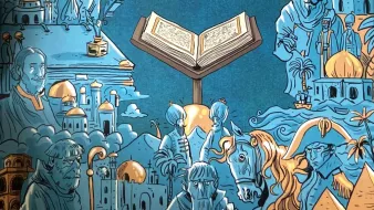 Illustration colorée avec un livre ouvert, entouré de personnages et de paysages historiques.