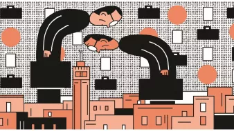 The image features a stylized illustration of two figures bending over, seemingly overseeing a cityscape. They wear black suits and glasses, and each is holding a briefcase. The background includes a pattern of circles and rectangles, creating a dynamic visual contrast. The overall color scheme primarily consists of earthy tones, with pops of orange and black, contributing to a modern, graphic aesthetic. The figures appear to be larger than life, giving an impression of authority or oversight over the urban environment below.