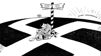 The image depicts a cartoonish illustration featuring a signpost that has two directional signs labeled "GO" and "STOP." In the center, there is a figure sitting on the ground, appearing distressed and weary. The figure is labeled as "NON-ARYAN," suggesting a context related to discrimination or exclusion. The background features a bright source of light labeled "EVIAN CONFERENCE," indicating a specific historical reference. Overall, the image conveys a sense of confusion and despair about choices and the treatment of certain individuals during a significant event.