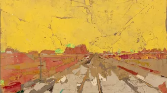 L'image montre une scène abstraite où les couleurs dominantes sont le jaune et le rouge, créant une atmosphère vibrante. Des lignes suggèrent un chemin ou une route, avec des textures qui semblent usées ou vieillies. Les détails flous à l'arrière-plan évoquent des formes de paysage, tandis que la palette de couleurs donne une impression de chaleur et d'énergie. Dans l'ensemble, l'œuvre dégage une sensation de mouvement et de profondeur, malgré son style graphique.