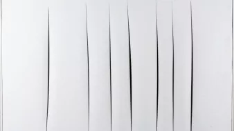 Sept fentes noires verticales sur un fond blanc lisse.