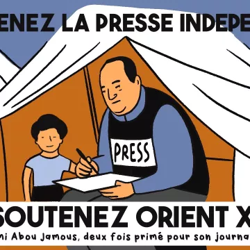 Homme journaliste écrit sous un abri, avec une enfant à ses côtés, soutenez la presse.