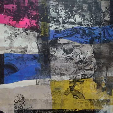 Collage artistique mêlant couleurs vives et images en noir et blanc, évoquant des scènes urbaines.