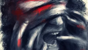 L'image présente une représentation artistique avec des couleurs sombres et des touches de rouge. On voit une silhouette humaine, le visage partiellement caché, exprimant une émotion intense. Les mains semblent porter une geste de désespoir ou de souffrance, et l'utilisation des couleurs crée une ambiance dramatique et expressive. L'ensemble de l'œuvre donne une impression de mouvement et d'intensité émotionnelle.