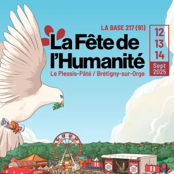 Foule colorée dans un parc, attractions, stands et un pigeon avec une branche d'olivier.