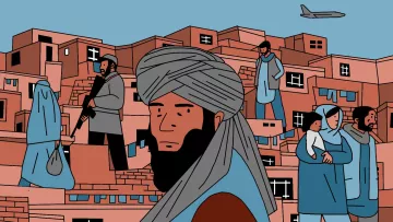 L'image présente une scène urbaine stylisée, probablement inspirée de l'architecture d'une ville. Au premier plan, un homme avec une barbe et un turban regarde fixement, tandis qu'en arrière-plan, plusieurs figures, y compris des hommes et des femmes, interagissent dans un paysage de bâtiments en briques aux couleurs chaudes. On aperçoit également un avion dans le ciel, ce qui suggère une connexion avec le monde extérieur. L'ensemble de l'illustration évoque une atmosphère à la fois dynamique et contemplative.