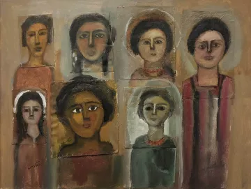 Huit visages de femmes, aux expressions variées, entourés de couleurs chaudes.