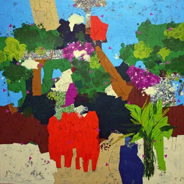 Toiles colorées, arbres verts, fleurs violettes, silhouettes rouges, paysage vibrant et abstrait.