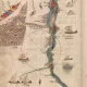 L'image représente une ancienne carte maritime ou géographique. On y voit une portion de la ville avec des bâtiments, ainsi que des pyramides. Un fleuve est illustré au centre, avec des bateaux naviguant sur ses eaux. La carte contient des annotations en arabe et des éléments décoratifs, comme des motifs colorés. L'ensemble semble avoir été réalisé à la main, avec un style artistique qui reflète les pratiques cartographiques de l'époque.