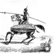 L'image représente un cavalier en armure, montant un cheval. Il est équipé d'une lance et d'un bouclier, et porte un casque avec une plume. Le cavalier semble en mouvement, probablement en train de charger ou de se préparer pour un affrontement. Le décor en arrière-plan est simple, avec quelques éléments de paysage comme des collines et des plantes. L'illustration a un style classique, évoquant peut-être une époque médiévale ou un récit historique.