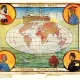 L'image représente un calendrier de l'année 1904, centré sur le thème des colonies françaises. Au centre, une carte du monde stylisée est présentée avec une vue des continents entourés par l'océan. Quatre portraits ornent les coins, représentant des personnes portant des vêtements typiques de différentes régions coloniales. En arrière-plan, un navire à vapeur est visible, symbolisant le commerce et la colonisation. Le tout est décoré avec des couleurs vives, ajoutant une touche artistique à ce calendrier historique.