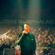 Un artiste en concert, masqué, devant une foule enthousiaste, avec des drapeaux irlandais et palestiniens.