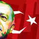 L'image présente un portrait stylisé d'un homme, avec un style artistique rappelant le pop art, dans des couleurs vives et contrastées. En arrière-plan, on peut voir le drapeau de la Turquie, qui est rouge avec une étoile et un croissant de lune blancs. L'ensemble de la composition donne une impression dynamique et moderne, mettant en avant des traits expressifs du visage.