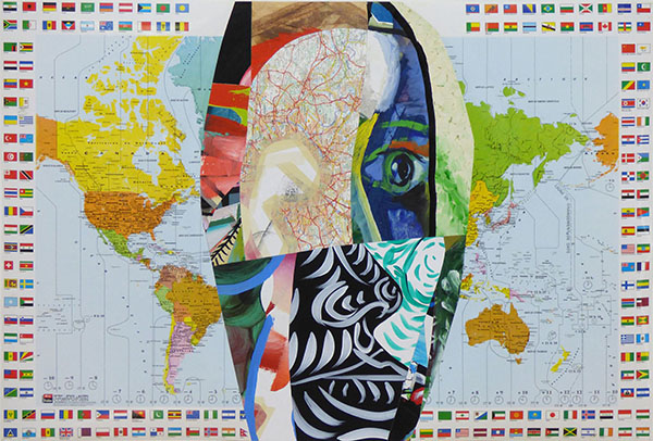 L'image présente une composition artistique où une carte du monde sert de fond. Au centre, un visage stylisé est créé à partir de divers motifs et couleurs, représentant des éléments culturels variés. Les contours du visage sont formés par l'assemblage de différentes textures et couleurs vives, tandis que la carte en arrière-plan montre les continents, entourés de drapeaux de différents pays. Cette œuvre évoque l'idée de diversité culturelle et de connexion à travers le monde.
