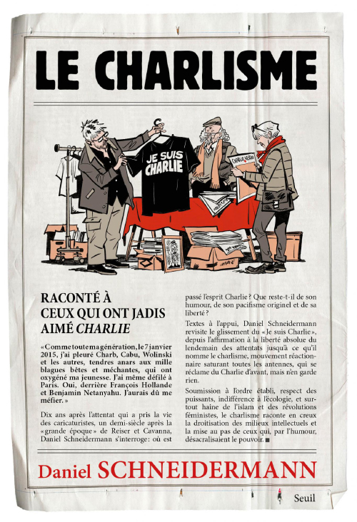 L'image semble présenter un article intitulé "Le Charisme" avec un dessin humoristique ou satirique. On y voit une scène inspirée par des événements après l'attentat contre Charlie Hebdo. Il y a mention de personnages emblématiques liés à Charlie, ainsi que des références à des leaders politiques comme François Hollande et Benjamin Netanyahu. L'article semble également aborder des thèmes comme l'humour et la mémoire des victimes, tout en invitant à réfléchir sur l'impact et le message de Charlie Hebdo.