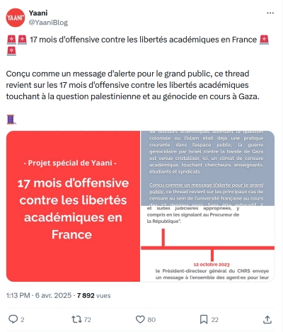 Alerte sur les atteintes aux libertés académiques en France, lien avec Gaza.