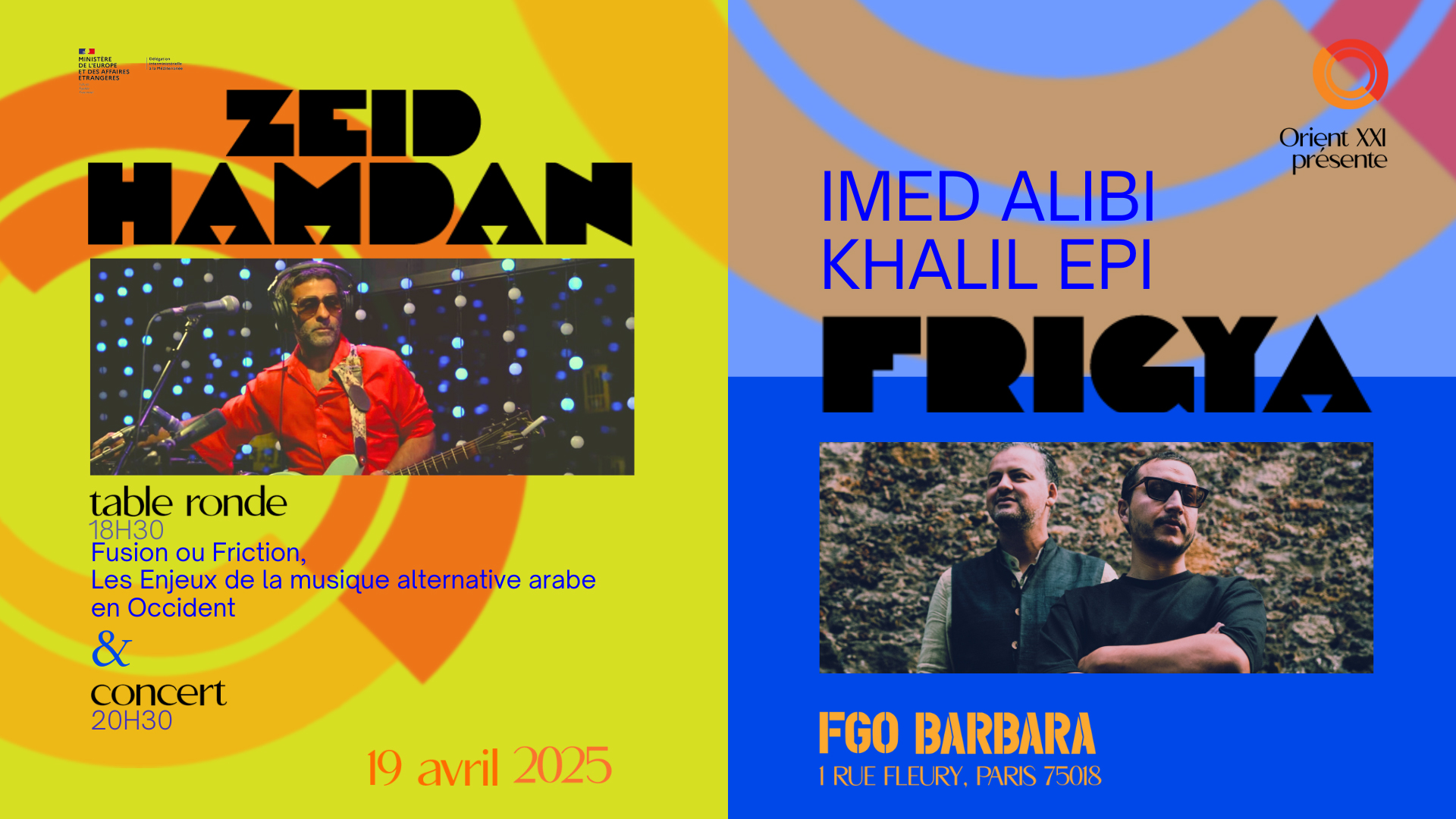 L'image présente deux événements culturels. À gauche, un concert de Zeid Hamdan avec des détails sur une table ronde précédente. À droite, un concert d'Imed Alibi et Khalil Epi, avec des informations sur le lieu et la date. Les fonds sont colorés et des illustrations musicales accompagnent les textes.