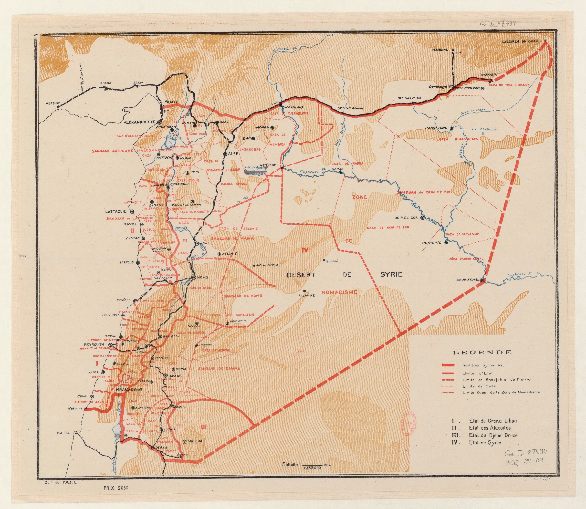 Carte géographique représentant des routes et des régions au Moyen-Orient, avec des légendes.