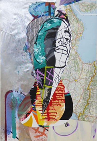 L'image présente un collage artistique qui combine divers éléments graphiques. On y voit un portrait stylisé, avec des traits abstraits et des couleurs vives. Le visage est dessiné de manière à évoquer des émotions fortes, et des parties de la composition semblent être constituées de découpes de papier ou de textures variées. En arrière-plan, une carte géographique est partiellement visible, ajoutant une dimension contextuelle à l'œuvre. La juxtaposition des différentes textures et couleurs crée une ambiance dynamique et contemporaine.