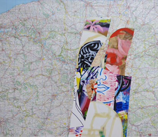 L'image présente une composition artistique qui mélange des éléments abstraits et figuratifs. En arrière-plan, on peut apercevoir une carte géographique, ce qui donne une impression de voyage ou de parcours. Au premier plan, des formes et des silhouettes colorées se superposent, représentant des visages ou des motifs stylisés. Les couleurs vives et les textures variées attirent l'œil, créant une dynamique visuelle intéressante. L'ensemble évoque une fusion entre la réalité géographique et les expressions artistiques.