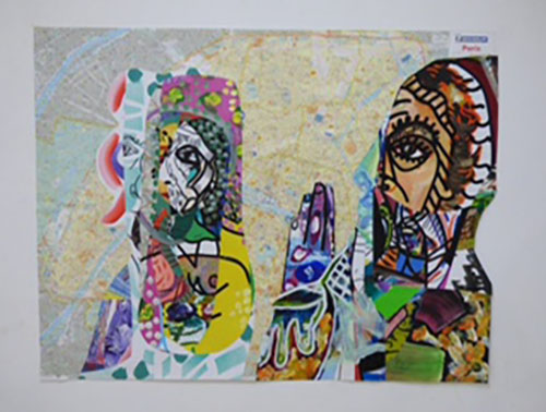 L'image semble être un collage artistique, mêlant des éléments de peinture et de motifs graphiques. On distingue des visages stylisés, aux expressions vives et colorées. Les couleurs sont vibrantes, avec des touches de vert, de rouge, et de bleu, créant une composition dynamique. En arrière-plan, on aperçoit une carte, ajoutant une dimension géographique à l'œuvre. L'ensemble dégage une impression de mouvement et de créativité, typique d'un style contemporain ou cubiste.