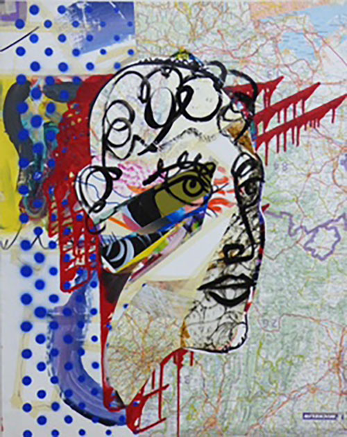 L'image présente une composition abstraite et colorée, mettant en avant un visage stylisé. Le portrait est superposé sur un fond composé de cartes et de motifs géométriques, créant un contraste entre les lignes nettes du dessin et les textures plus fluides des couleurs. Des éléments graphiques tels que des traits et des points ajoutent de la dynamique à l'ensemble, tandis que les couleurs vives, comme le jaune, le rouge et le bleu, apportent une certaine énergie à l'œuvre. Cette création semble explorer les thèmes de l'identité et de l'environnement urbain.
