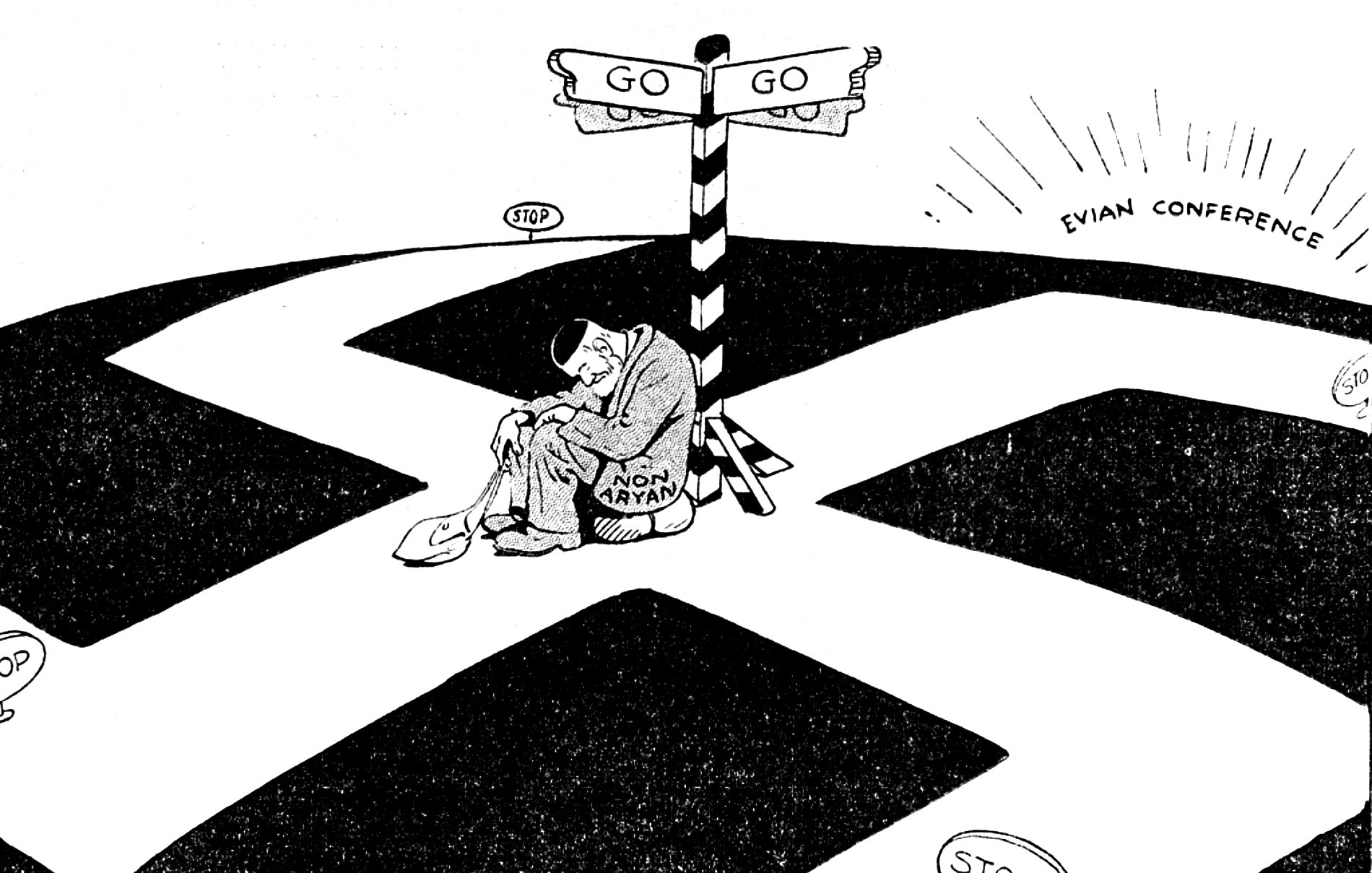 The image depicts a cartoonish illustration featuring a signpost that has two directional signs labeled "GO" and "STOP." In the center, there is a figure sitting on the ground, appearing distressed and weary. The figure is labeled as "NON-ARYAN," suggesting a context related to discrimination or exclusion. The background features a bright source of light labeled "EVIAN CONFERENCE," indicating a specific historical reference. Overall, the image conveys a sense of confusion and despair about choices and the treatment of certain individuals during a significant event.