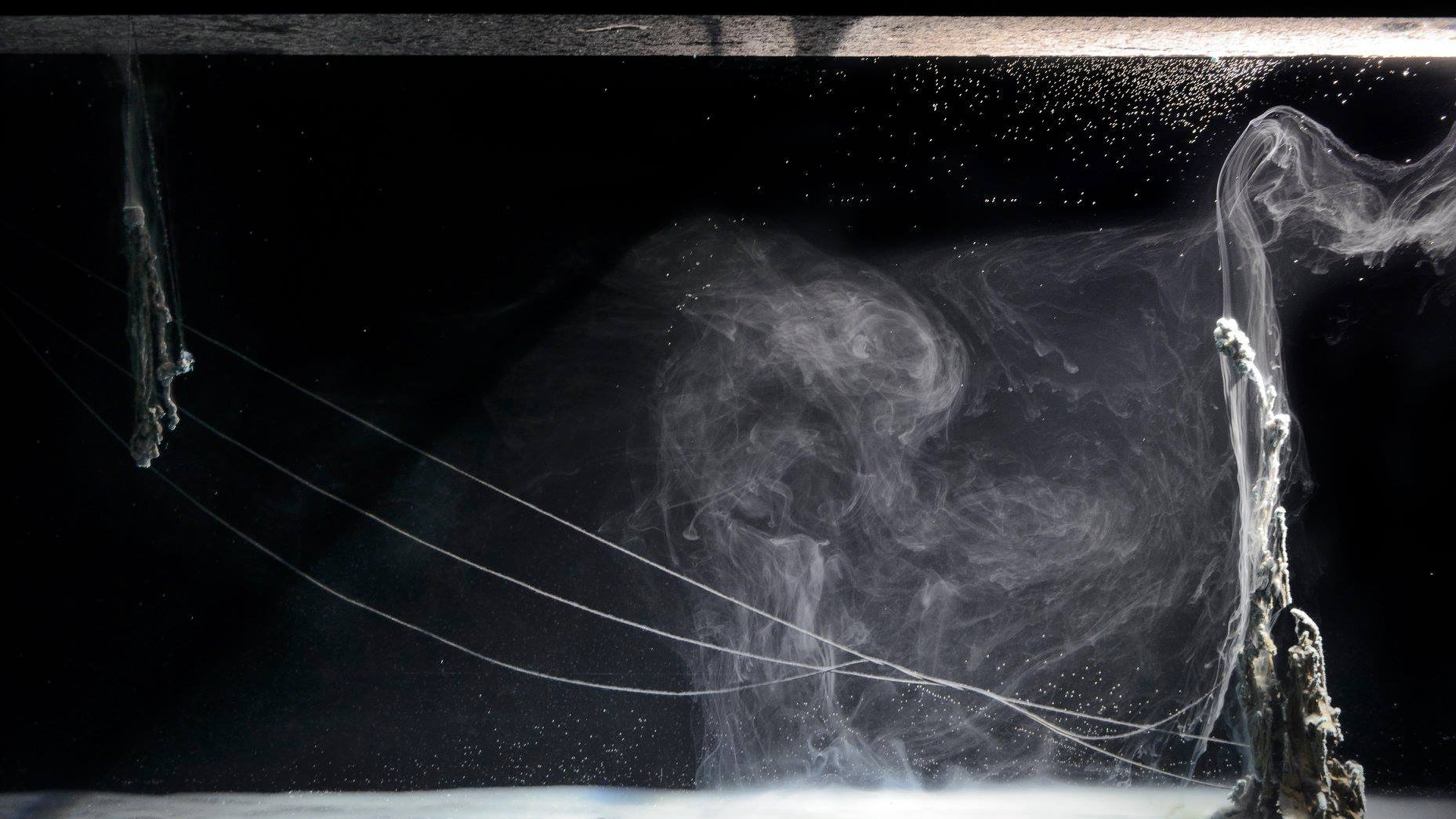 تظهر الصورة مشهداً مائياً فنياً، حيث يتداخل السائل مع الضباب أو الدخان بطريقة جمالية. يتواجد في الصورة تكوينات من السلاسل أو الخيوط التي تبدو كأنها تنساب في الماء، مما يخلق إحساسًا بالحركة والديناميكية. الخلفية مظلمة، مما يساعد على إبراز التأثيرات الضوئية في السائل. يضيف هذا المشهد إحساسًا بالعمق والغموض.