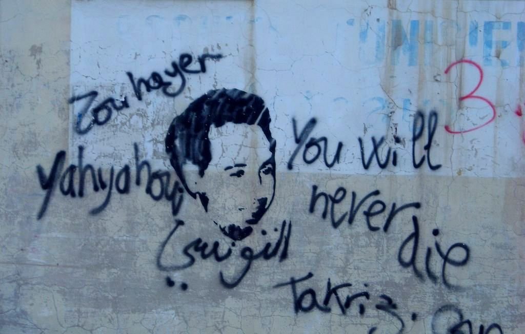 تظهر الصورة رسمًا على جدار يظهر وجه شخص، محاطًا بعبارات مكتوبة بخط يدوي. من بين هذه العبارات، تُظهر باللغة الإنجليزية "You will never die" (لن تموت أبدًا) وفي اللغة العربية "يحيى" و"تقديس". يبدو أن العمل يعبر عن رسالة تعاطف أو تأبين، مع تداخل بين الثقافات واللغات في الكتابة.