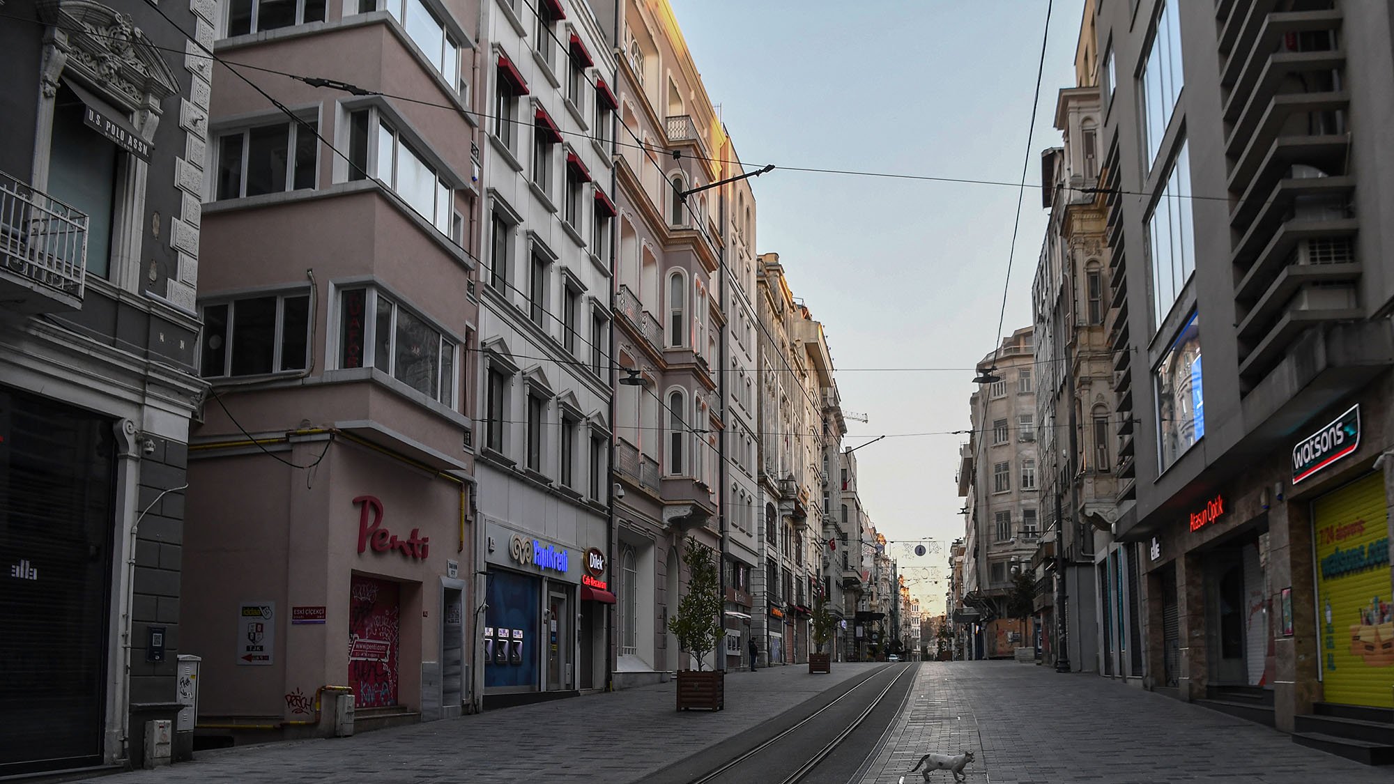 الصورة تظهر شارعًا في مدينة تبدو فيه الأجواء هادئة وخالية من الناس. تحيط بالمكان مبانٍ تاريخية بألوان دافئة، حيث تمثل العمارة الطراز المعماري المميز للمدينة. يبدو أن الشارع مُعدٌّ لوسائل النقل العامة، حيث توجد خطوط السكك الحديدية، ويمر ضوء خافت يعكس الصباح الباكر. في الوسط، يمكن رؤية كلب يسير عبر الشارع، مما يضيف لمسة من الحياة إلى المنظر الهادئ.
