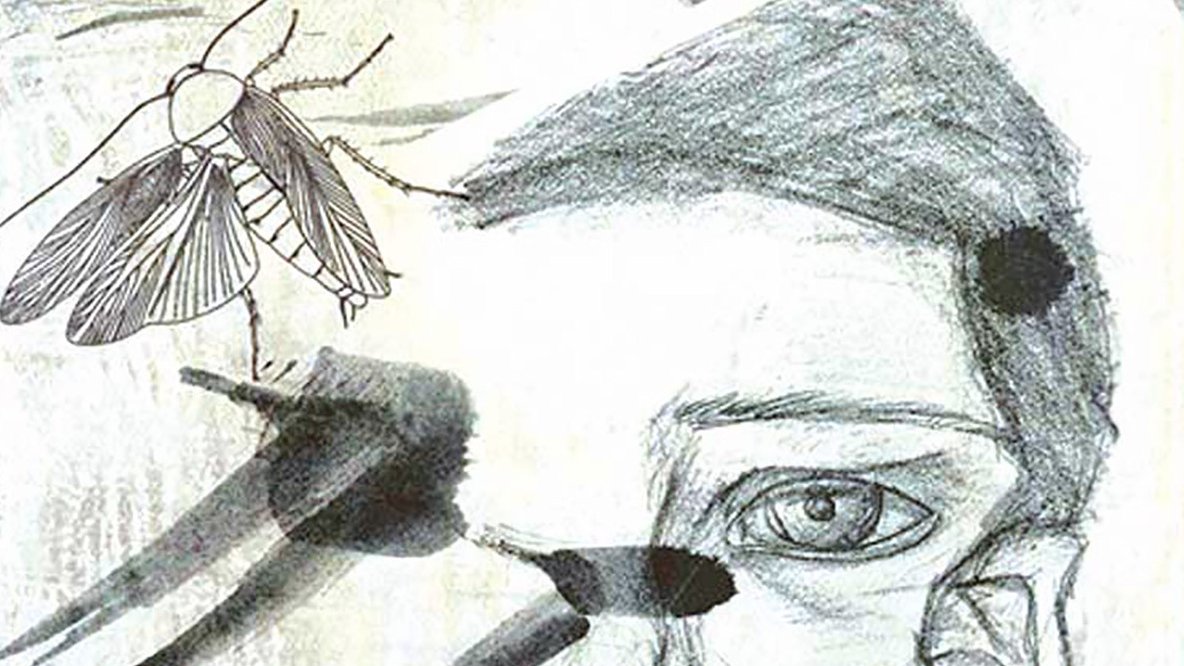 تظهر الصورة رسماً تجريدياً لخد ووجه إنسان بشكل فني، حيث يُبرز الرسام ملامح الوجه بطريقة غير تقليدية. يحيط بالوجه عناصر إضافية مثل ذبابات ورسومات بالألوان الرمادية والسوداء، مما يضفي شعورًا بالغموض والتعقيد. يمكنك أن تشعر بحالة من التوتر أو العزلة في تعبير الوجه، بينما تضيف الحشرات بعدًا آخر للصورة، مما يمكن أن يرمز إلى أفكار متعددة تتعلق بالطبيعة أو الحياة.