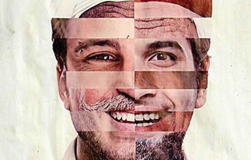 تظهر الصورة صورة مدمجة لشخص، حيث تم تقسيم الوجه إلى عدة أجزاء. كل جزء يظهر بتعبيرات مختلفة، مما يعطي انطباعًا عن تعدد الهوية. الأجزاء تشمل أنواع مختلفة من اللحى وعمامات متنوعة، مما يعكس تنوع الثقافات والتقاليد. الخلفية بسيطة ومخدوشة، مما يركز الانتباه على الوجه المكون من الأجزاء المختلفة.