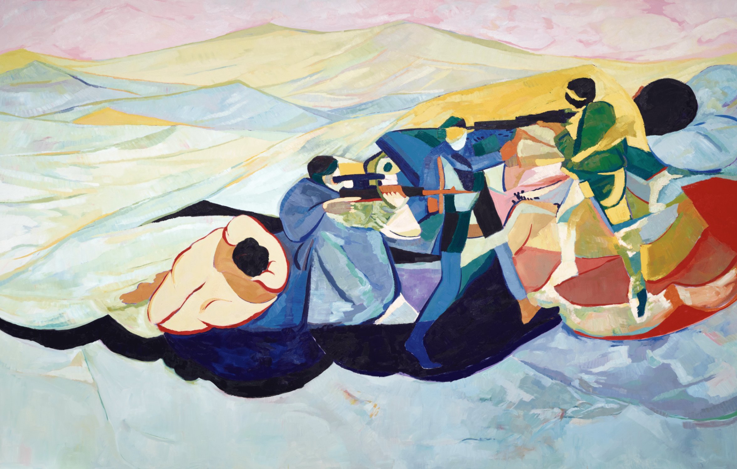The painting depicts a vibrant and abstract scene featuring figures engaged in a military or combative setting. The use of bold colors and dynamic shapes conveys a sense of movement and emotion. In the foreground, individuals are seen in action, some carrying weapons, while others appear to be in more passive positions. The background suggests a landscape, with undulating hills in softer hues, which contrasts with the intense activity in the forefront. The overall composition creates an impression of tension and drama, inviting viewers to interpret the narrative behind the imagery.