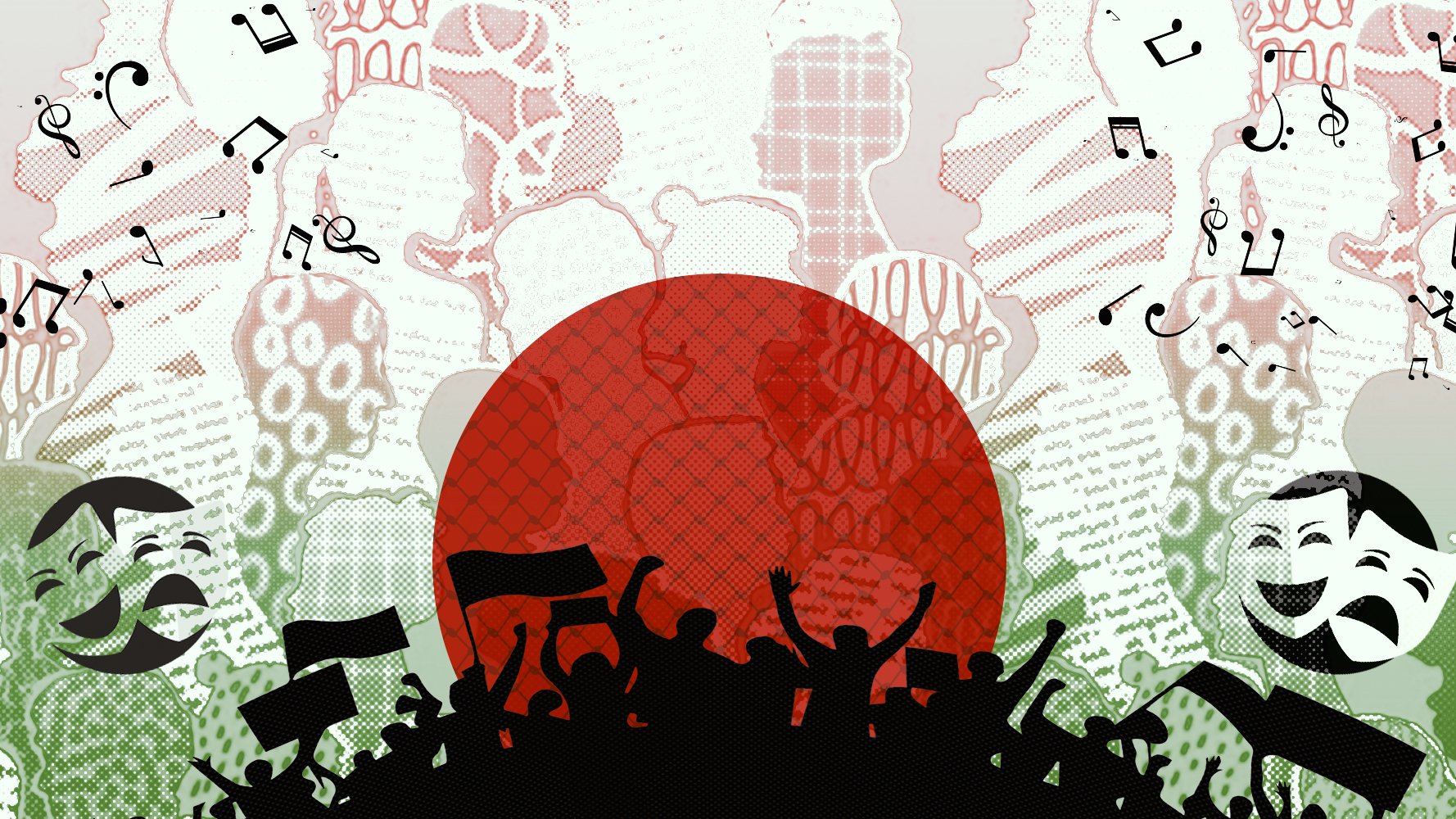 A colorful collage featuring a large red circle, silhouettes of people, and musical notes.