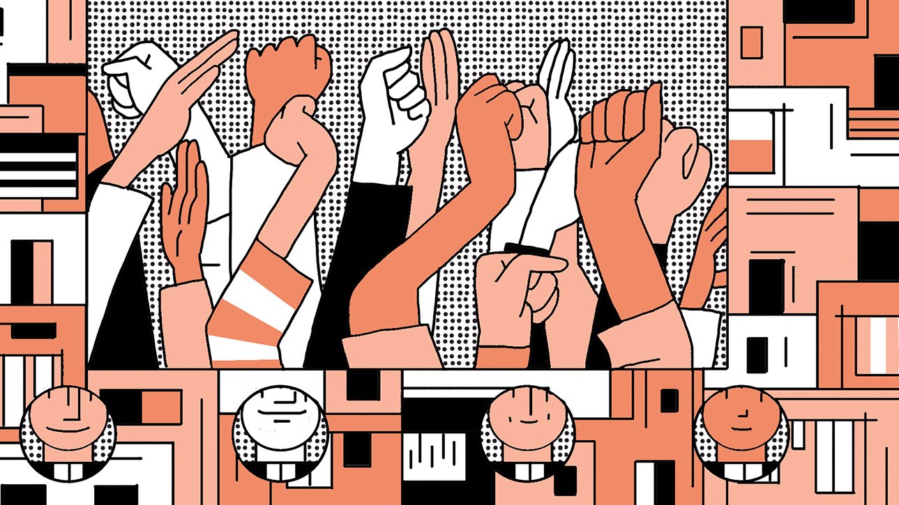 تظهر الصورة مجموعة من الأيادي المرفوعة، حيث تعبر عن حماس ودعم لم cause معين. الخلفية تتكون من أنماط هندسية وألوان دافئة، مما يضفي طابعاً ديناميكياً. الأيادي تتفاوت في الأشكال والألوان، مما يوحي بالتنوع والتضامن. العناصر الأخرى في التصميم تعزز من رسالته العامة حول الوحدة والقوة الجماعية.