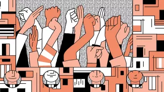 تظهر الصورة مجموعة من الأيادي المرفوعة، حيث تعبر عن حماس ودعم لم cause معين. الخلفية تتكون من أنماط هندسية وألوان دافئة، مما يضفي طابعاً ديناميكياً. الأيادي تتفاوت في الأشكال والألوان، مما يوحي بالتنوع والتضامن. العناصر الأخرى في التصميم تعزز من رسالته العامة حول الوحدة والقوة الجماعية.