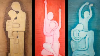 ثلاثة لوحات ملونة تجسد الحركة والعواطف بين أشخاص بأشكال مبسطة.