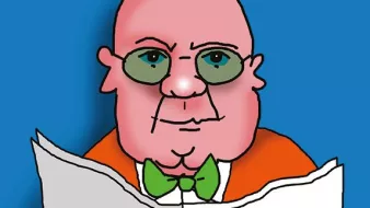 الصورة تظهر شخصية كرتونية لرجل بدين ذو رأس أصلع. يرتدي نظارات وبدلة برتقالية مع ربطة عنق خضراء. يبدو أنه يجلس على طاولة ويقرأ صحيفة كبيرة، مع تعبير جاد على وجهه. الخلفية باللون الأزرق. الرسمة تحمل طابعًا فكاهيًا ومبالغ فيه في الملامح.
