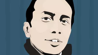 الصورة عبارة عن رسم توضيحي لوجه شخص يظهر بابتسامة خفيفة. لديه شعر داكن ومسرح بشكل عصري، بينما ملامح وجهه تبدو ناعمة. الخلفية بألوان مائية زرقاء تعزز من بروز الوجه بشكل جميل. تعكس الصورة أسلوبًا فنيًا بسيطًا ومعبّرًا.