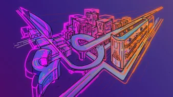 تظهر في الصورة رسم متجدد يجمع بين أشكال هندسية ونوافذ مستوحاة من المدن الحديثة. الألوان الزاهية، مثل الوردي والبرتقالي، تضفي على الصورة طابعًا عصريًا وحيويًا. هناك تفاصيل معمارية تبدو كأنها تمثل مباني ومرافق حضرية، بينما يتداخل معها انحناءات وخطوط تعبر عن الحركة والديناميكية. تعكس هذه العناصر مجتمعة شعورًا بالابتكار والتقدم.