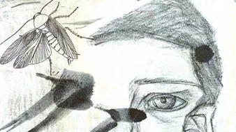 تظهر الصورة رسماً تجريدياً لخد ووجه إنسان بشكل فني، حيث يُبرز الرسام ملامح الوجه بطريقة غير تقليدية. يحيط بالوجه عناصر إضافية مثل ذبابات ورسومات بالألوان الرمادية والسوداء، مما يضفي شعورًا بالغموض والتعقيد. يمكنك أن تشعر بحالة من التوتر أو العزلة في تعبير الوجه، بينما تضيف الحشرات بعدًا آخر للصورة، مما يمكن أن يرمز إلى أفكار متعددة تتعلق بالطبيعة أو الحياة.