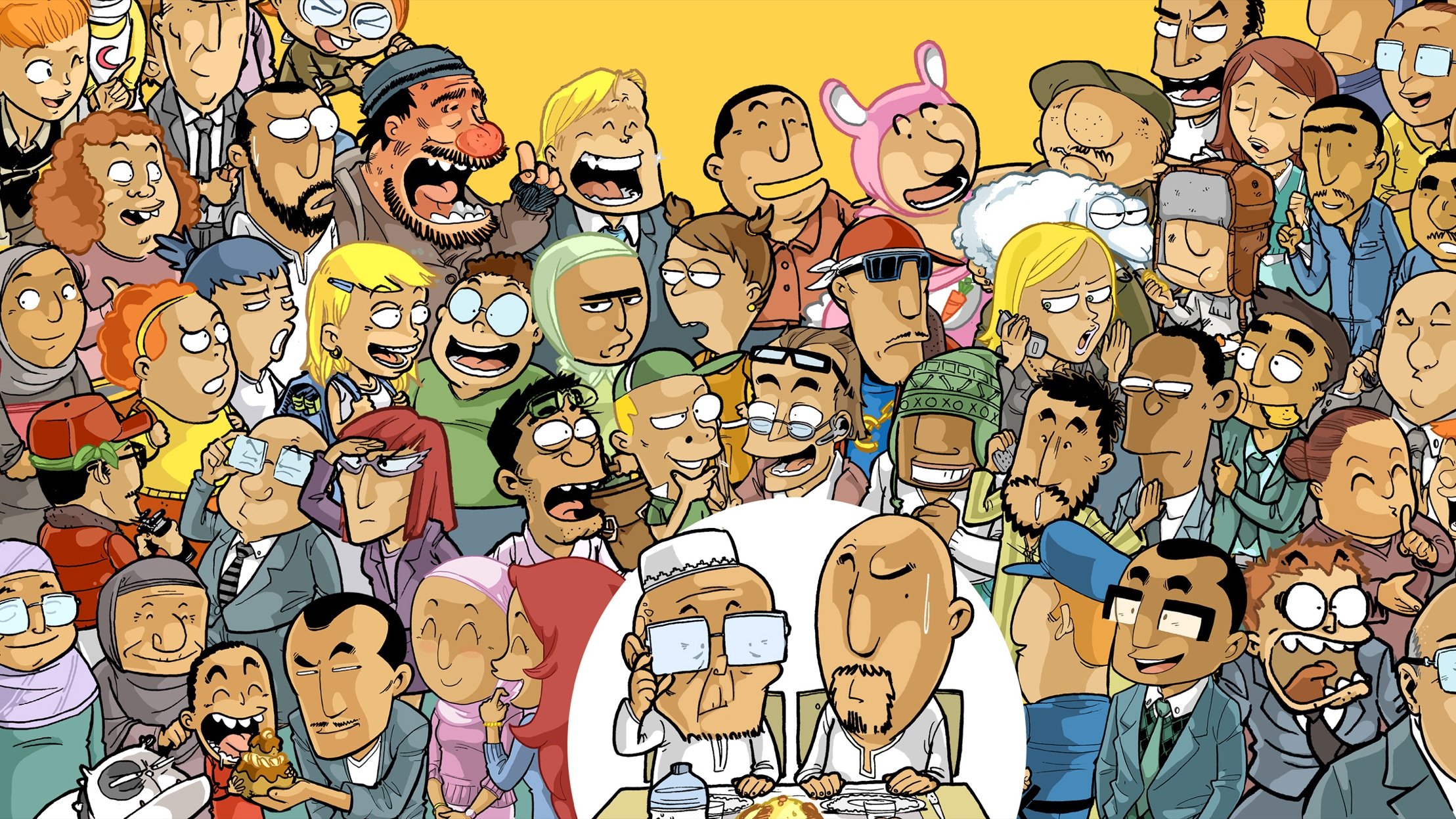 The image features a vibrant and colorful crowd of cartoon characters, each with unique expressions and appearances. The setting has a cheerful yellow background, which emphasizes the lively atmosphere. In the center, two characters are seated at a table, likely sharing a meal, surrounded by a diverse group that includes laughter, joy, and various emotions. The characters represent a mix of different styles and features, showcasing a range of hairstyles, clothing, and facial expressions, contributing to a sense of dynamism and humor in the scene.