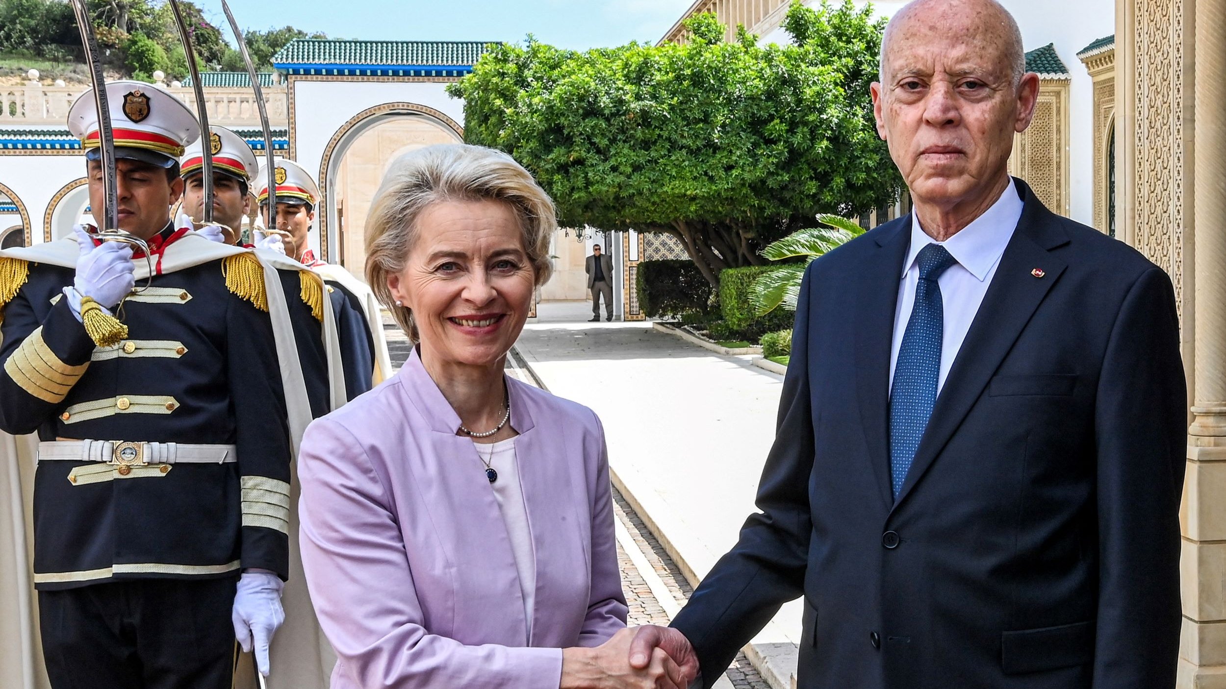 The image shows a formal greeting between two individuals, with one wearing a light purple suit and the other in a dark suit with a tie. They are shaking hands in an outdoor setting, surrounded by greenery and architectural features. In the background, there are guards in ceremonial uniforms standing at attention. The atmosphere appears official and welcoming, suggesting a diplomatic meeting.