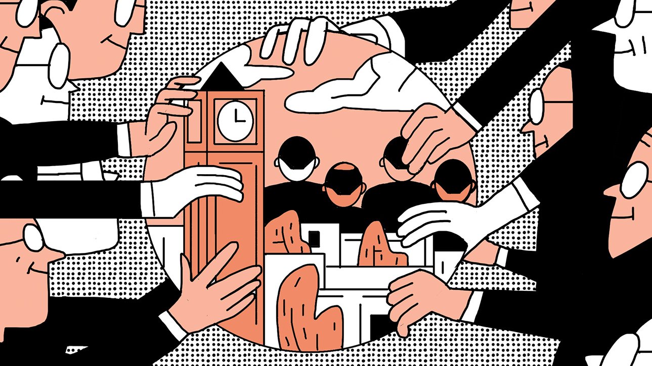 The image features a stylized illustration of several hands reaching towards a central circular scene. In this scene, there's a prominent clock tower, reminiscent of Big Ben, along with abstract representations of people and buildings. The overall color palette includes shades of peach, black, and white, giving it a clean and modern look. The hands are depicted in various positions, suggesting collaboration or a collective effort surrounding the central image. The background features a dotted pattern, adding texture to the composition.