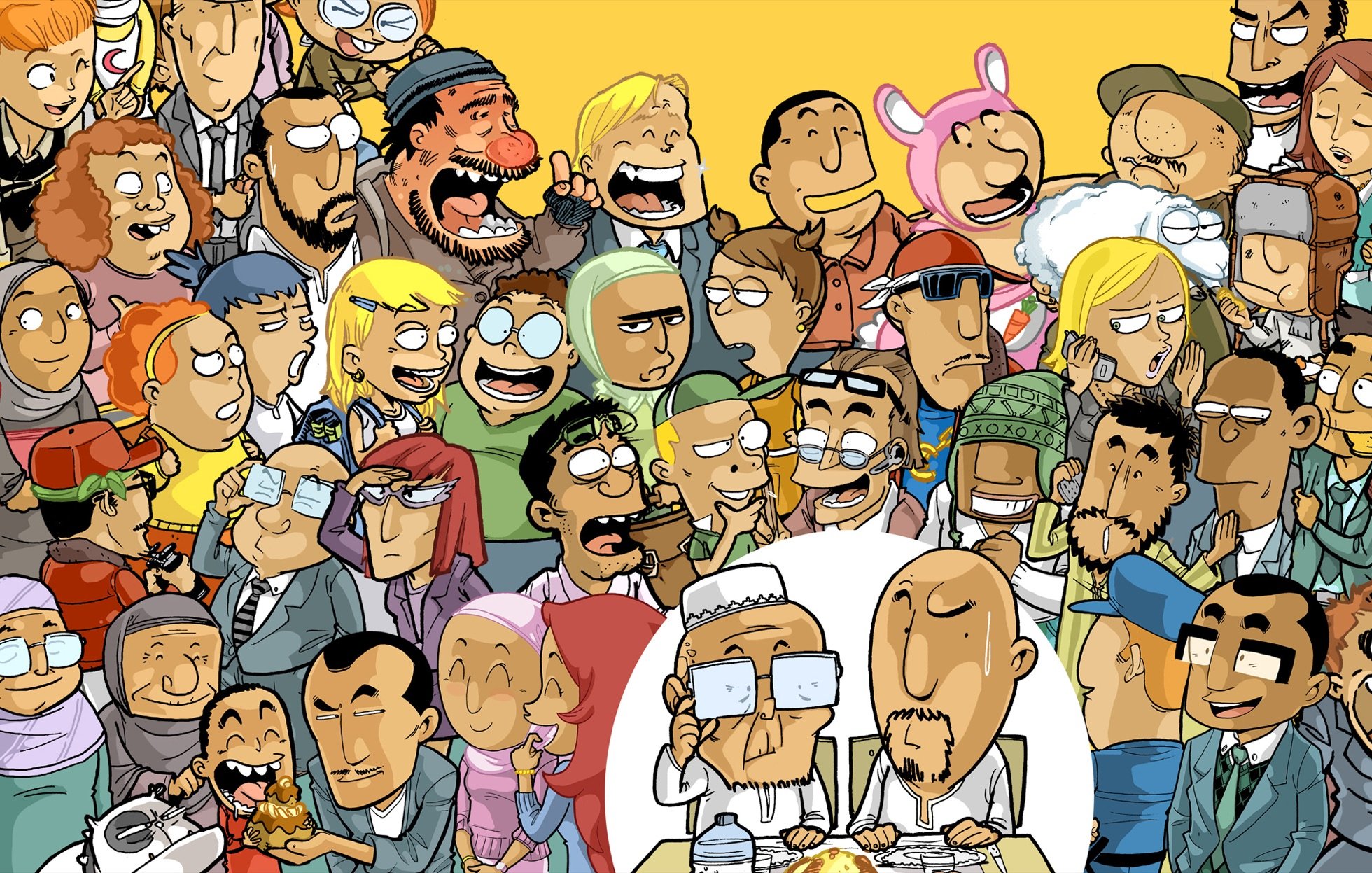 The image features a vibrant and colorful crowd of cartoon characters, each with unique expressions and appearances. The setting has a cheerful yellow background, which emphasizes the lively atmosphere. In the center, two characters are seated at a table, likely sharing a meal, surrounded by a diverse group that includes laughter, joy, and various emotions. The characters represent a mix of different styles and features, showcasing a range of hairstyles, clothing, and facial expressions, contributing to a sense of dynamism and humor in the scene.