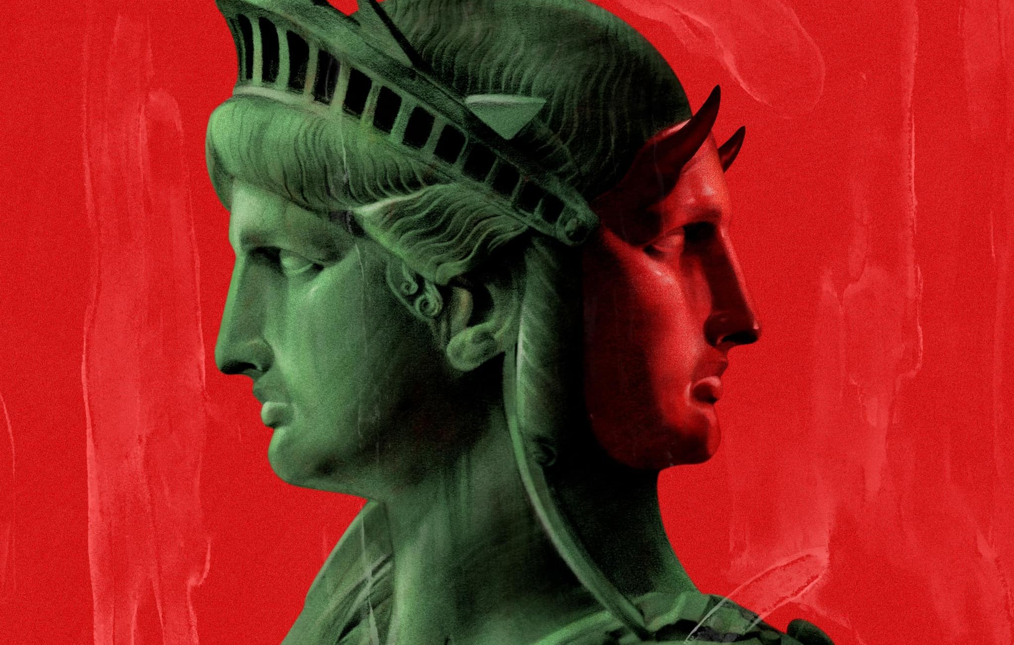 The image features a stylized representation of the Statue of Liberty, depicted in green against a bold red background. It appears to show two profiles of the statue side by side, highlighting its iconic features like the crown and facial details. The overall composition has an artistic and surreal quality, blending elements of color and form to create a striking visual effect.