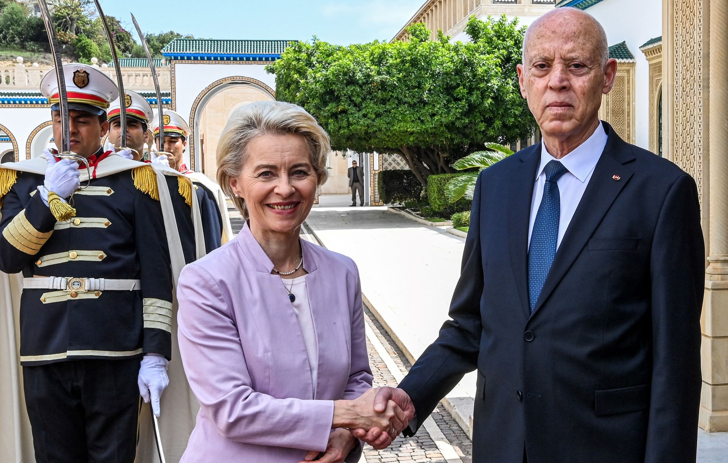 The image shows a formal greeting between two individuals, with one wearing a light purple suit and the other in a dark suit with a tie. They are shaking hands in an outdoor setting, surrounded by greenery and architectural features. In the background, there are guards in ceremonial uniforms standing at attention. The atmosphere appears official and welcoming, suggesting a diplomatic meeting.
